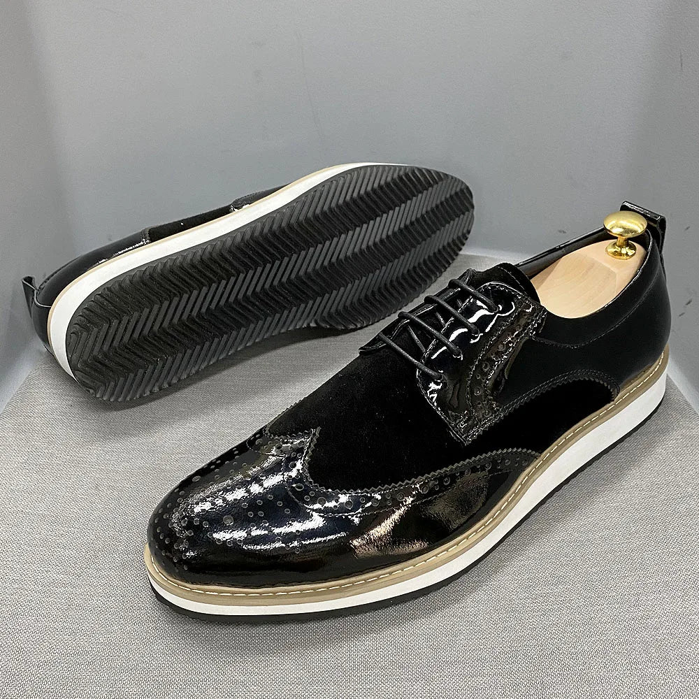 Heren Brogue Oxford Schoenen | Patentleer & Suède | Wingtip Brits Design | Zwart | EU 39-46