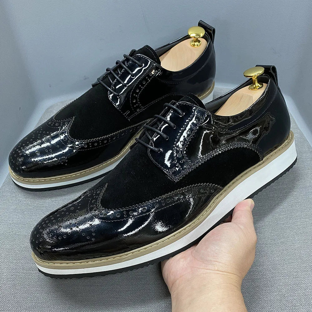 Heren Brogue Oxford Schoenen | Patentleer & Suède | Wingtip Brits Design | Zwart | EU 39-46