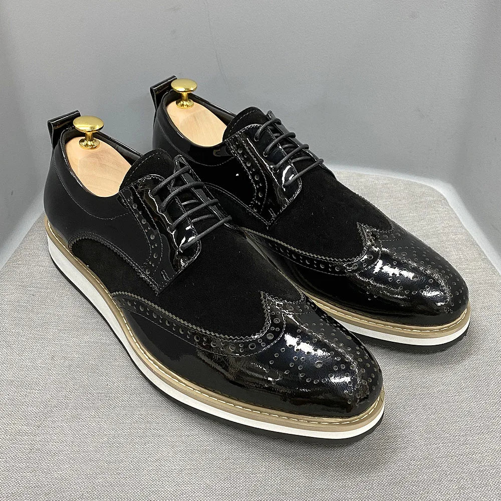 Heren Brogue Oxford Schoenen | Patentleer & Suède | Wingtip Brits Design | Zwart | EU 39-46