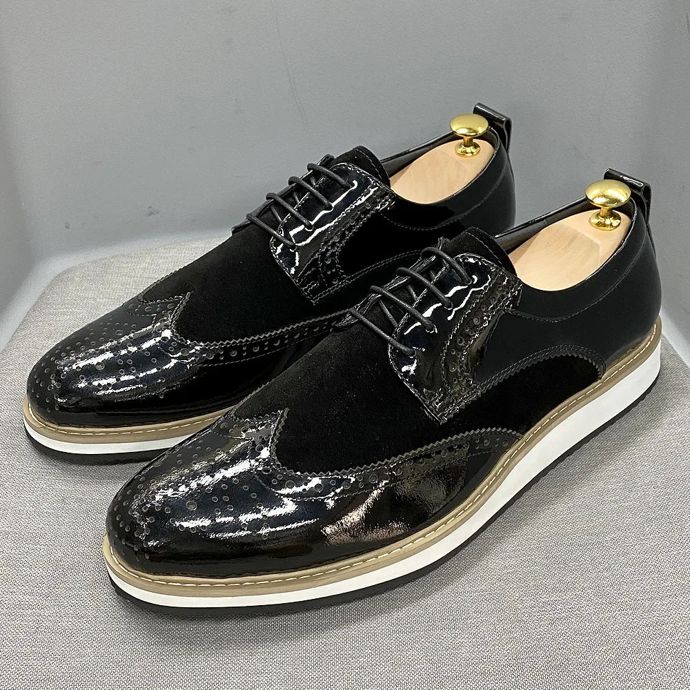 Heren Brogue Oxford Schoenen | Patentleer & Suède | Wingtip Brits Design | Zwart | EU 39-46