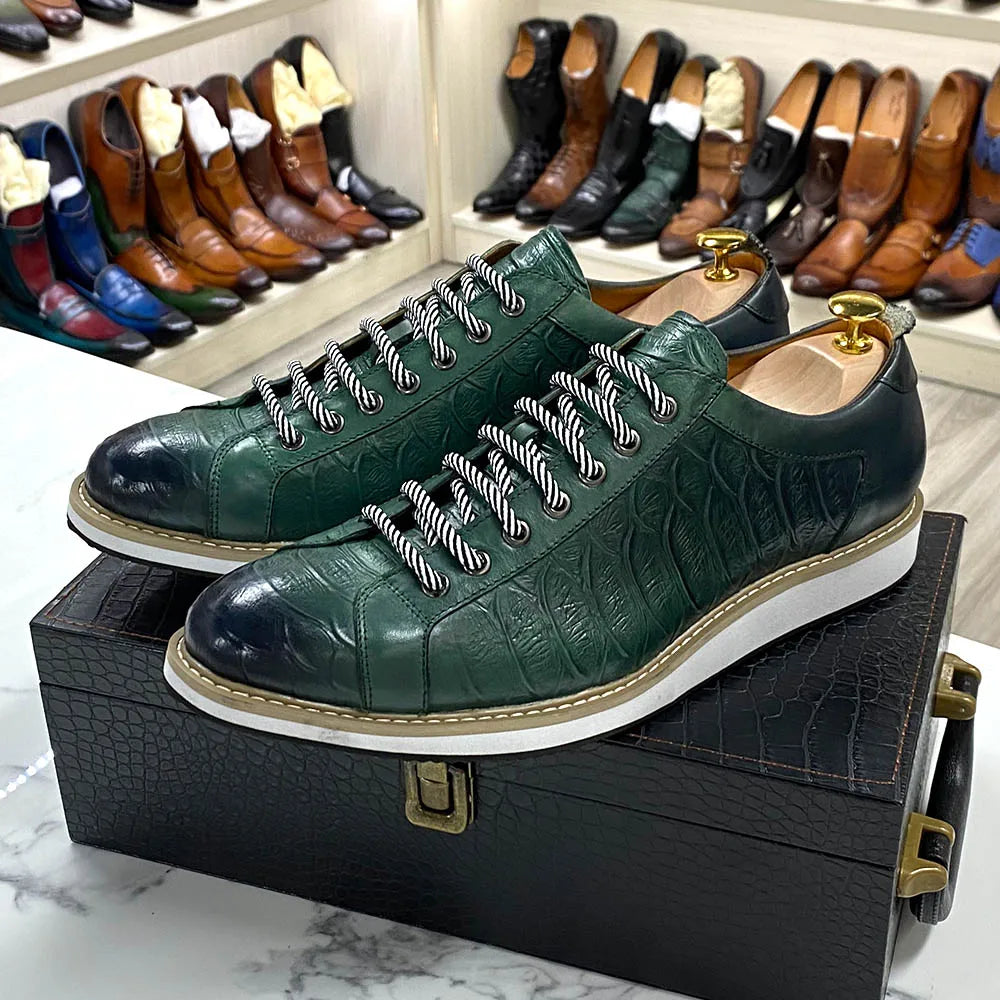 Heren Leren Schoenen Krokodilprint | Echt Koeienleer | Zwart & Groen | EU 39-46 | Casual & Kantoor