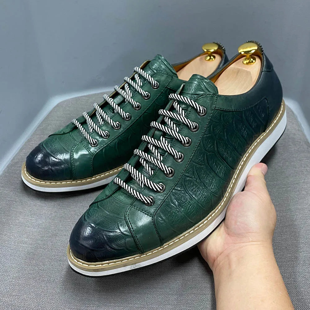 Heren Leren Schoenen Krokodilprint | Echt Koeienleer | Zwart & Groen | EU 39-46 | Casual & Kantoor