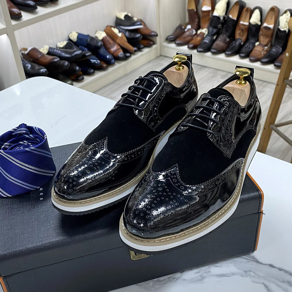 Heren Brogue Oxford Schoenen | Patentleer & Suède | Wingtip Brits Design | Zwart | EU 39-46