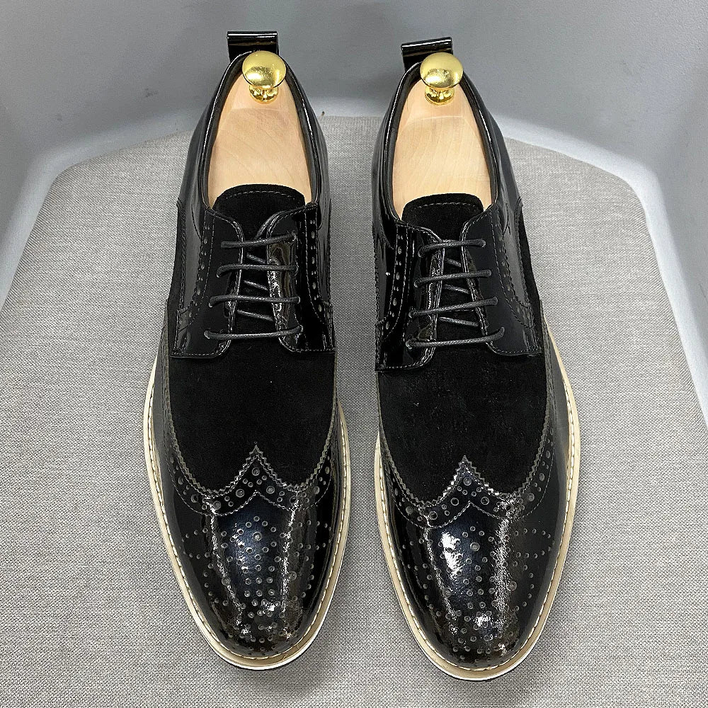 Heren Brogue Oxford Schoenen | Patentleer & Suède | Wingtip Brits Design | Zwart | EU 39-46