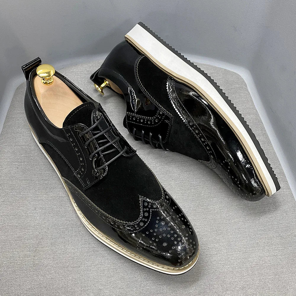 Heren Brogue Oxford Schoenen | Patentleer & Suède | Wingtip Brits Design | Zwart | EU 39-46