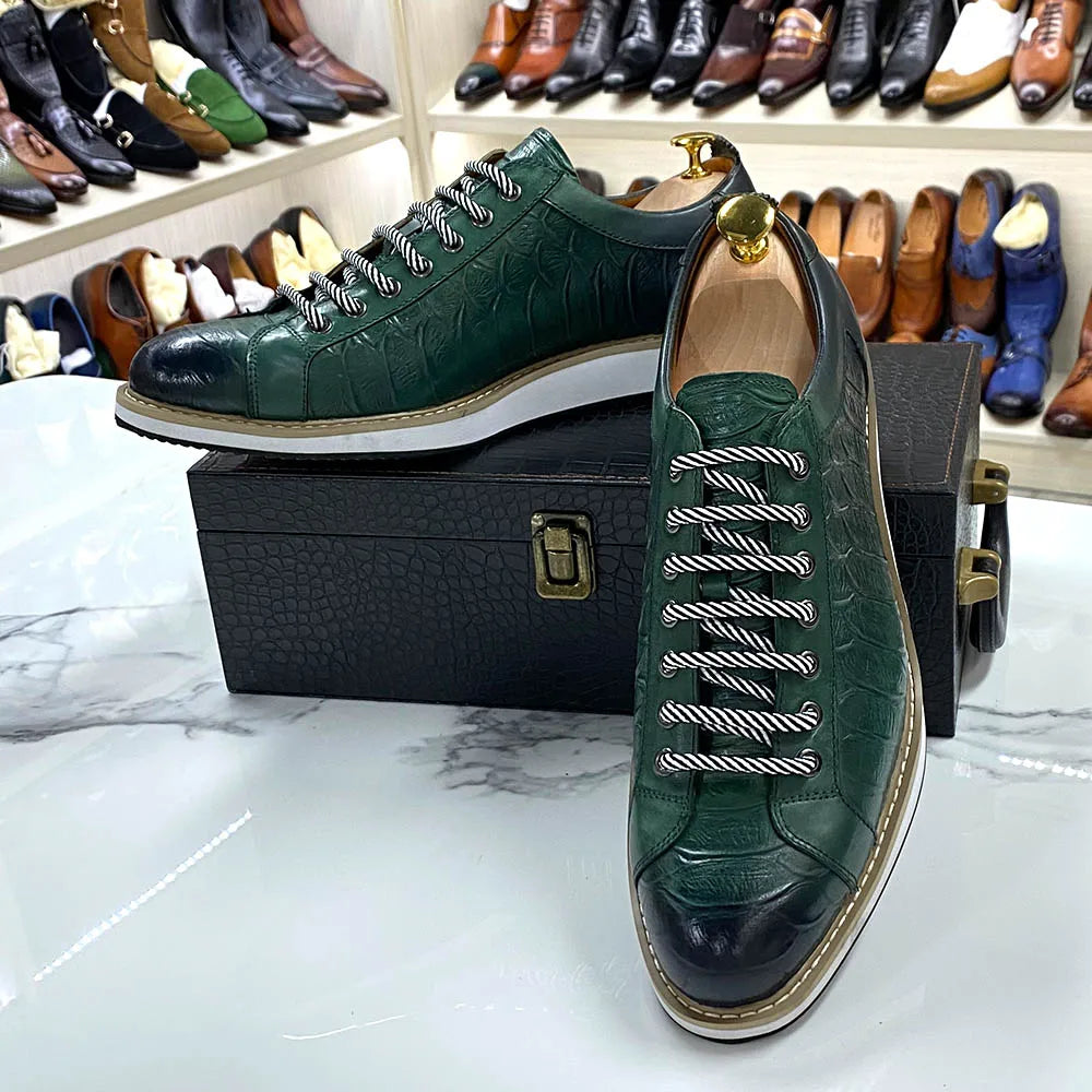 Heren Leren Schoenen Krokodilprint | Echt Koeienleer | Zwart & Groen | EU 39-46 | Casual & Kantoor