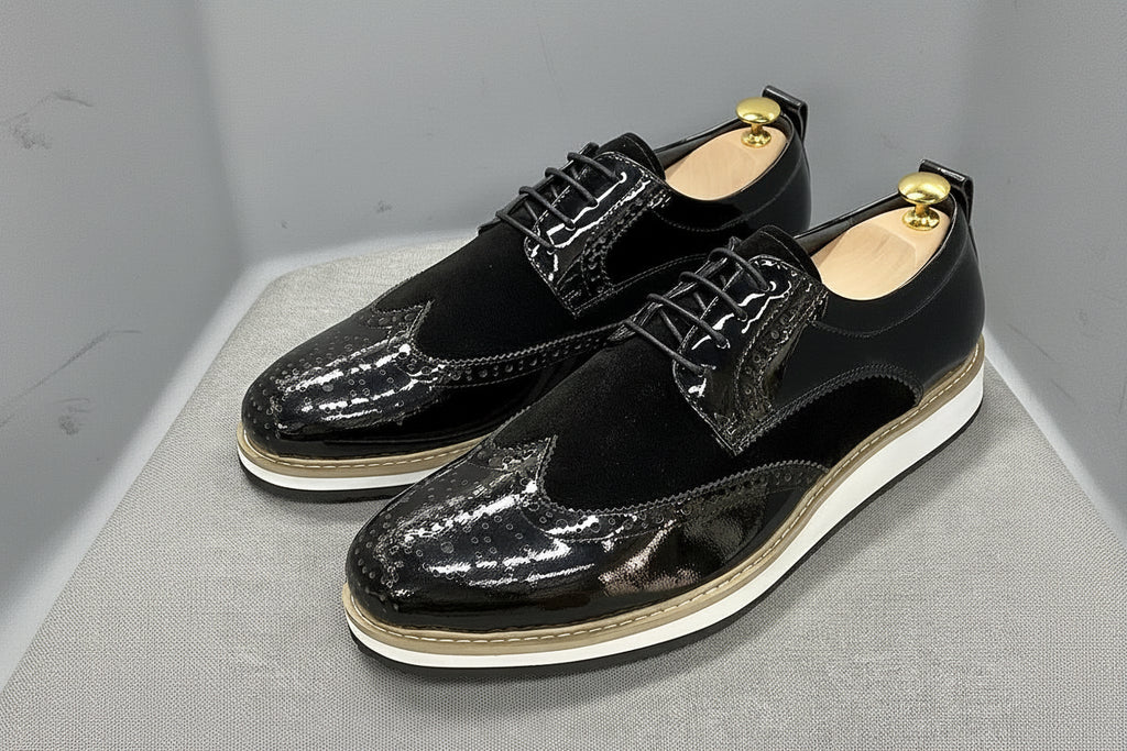 Heren Brogue Oxford Schoenen | Patentleer & Suède | Wingtip Brits Design | Zwart | EU 39-46