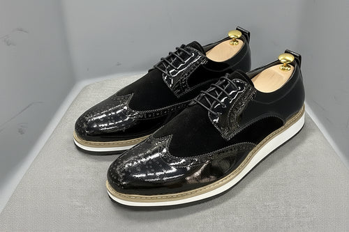 Heren Brogue Oxford Schoenen | Patentleer & Suède | Wingtip Brits Design | Zwart | EU 39-46