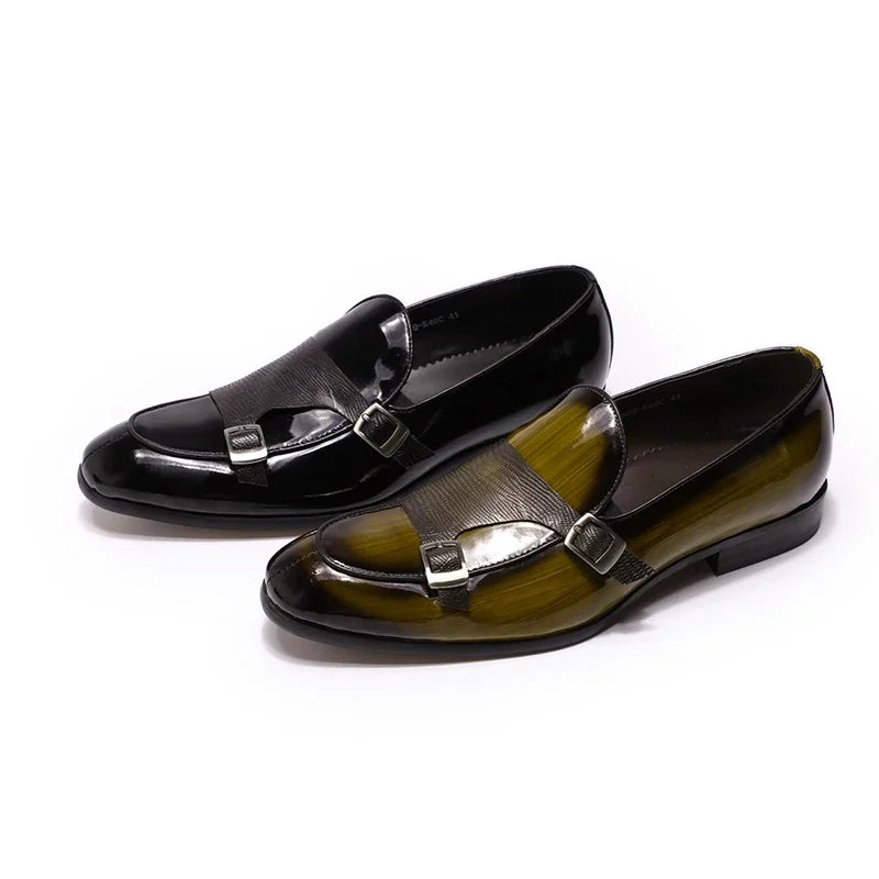 Heren Patent Leren Loafers | Monk Strap Slip-On | Zwart & Groen | EU 39-46 | Bruiloft & Gala