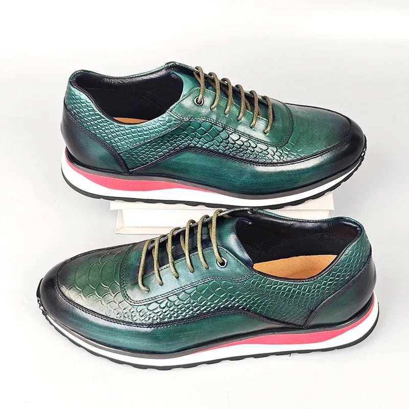 Heren Leren Oxford Schoenen | Krokodilpatroon Vintage Sneakers | Maten 38-46 | Blauw Groen Zwart Bruin