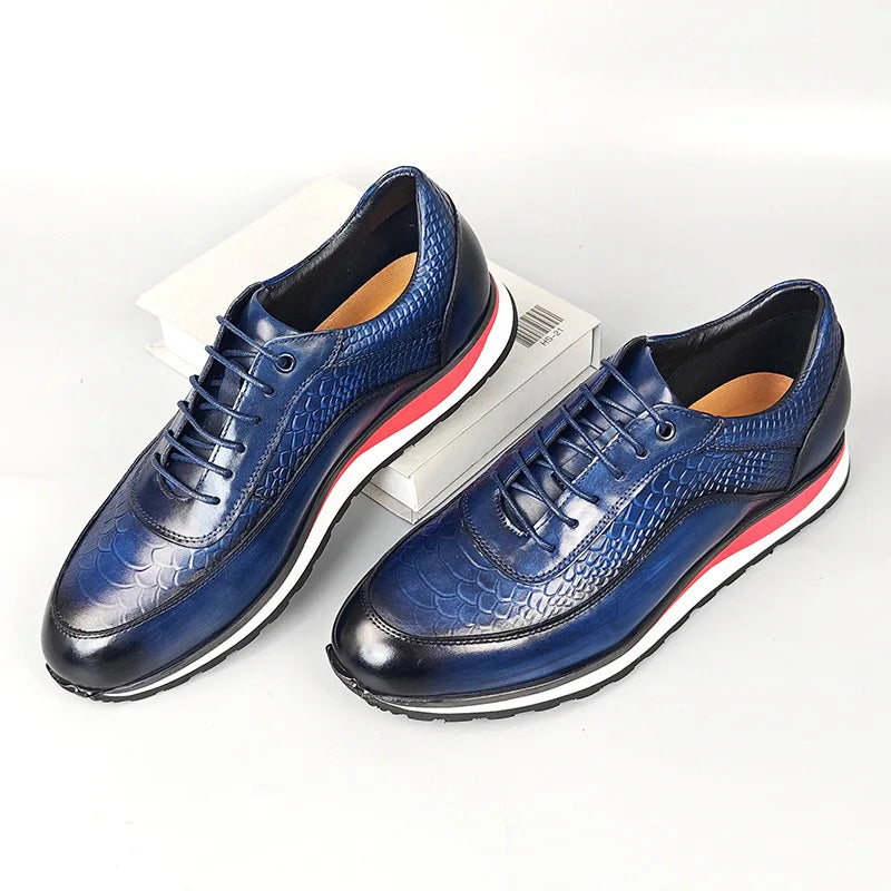 Heren Leren Oxford Schoenen | Krokodilpatroon Vintage Sneakers | Maten 38-46 | Blauw Groen Zwart Bruin