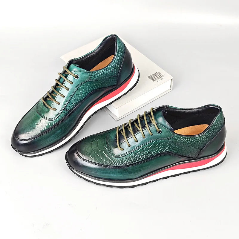Heren Leren Oxford Schoenen | Krokodilpatroon Vintage Sneakers | Maten 38-46 | Blauw Groen Zwart Bruin