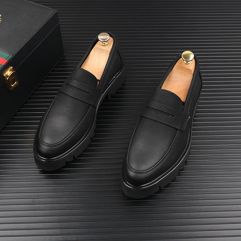 Heren Platform Loafers Echt Koeienleer | Slip-On Instappers | Zwart | EU 38.5-43 | Zakelijk & Casual