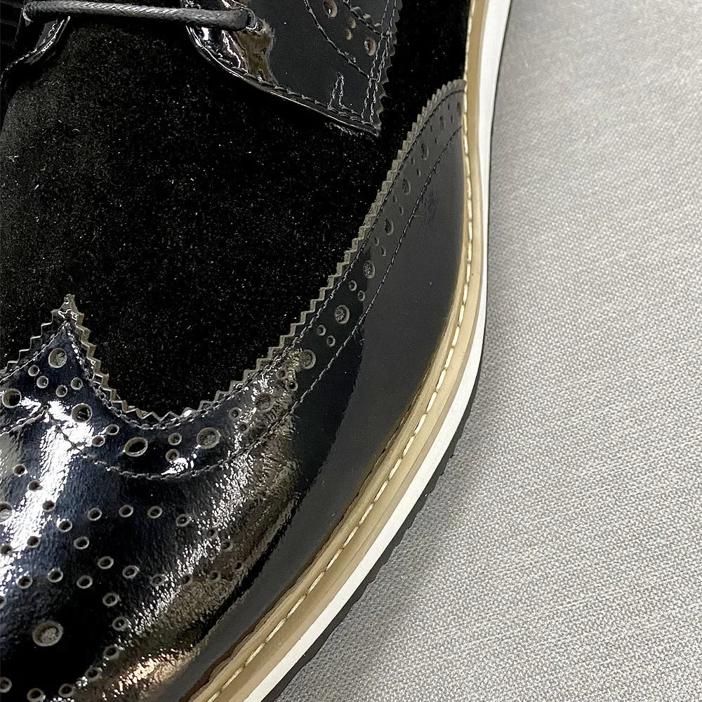 Heren Brogue Oxford Schoenen | Patentleer & Suède | Wingtip Brits Design | Zwart | EU 39-46