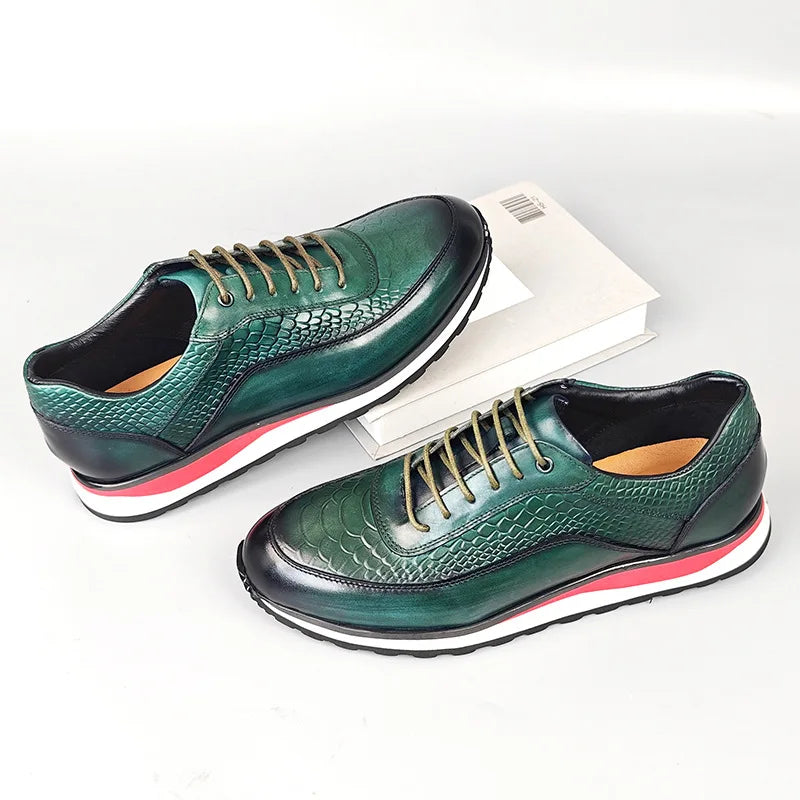 Heren Leren Oxford Schoenen | Krokodilpatroon Vintage Sneakers | Maten 38-46 | Blauw Groen Zwart Bruin