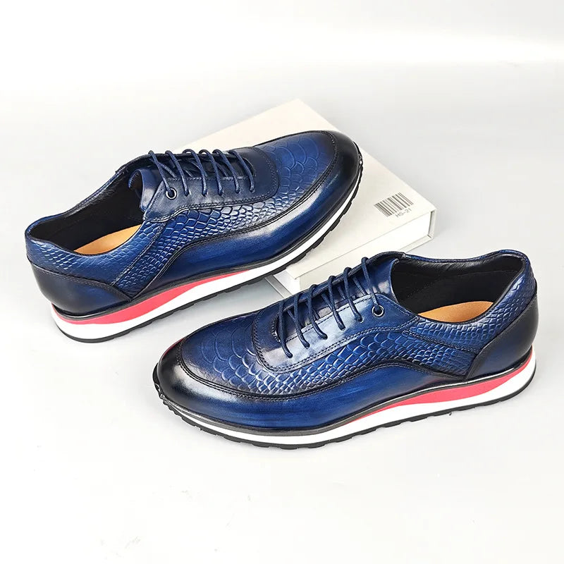 Heren Leren Oxford Schoenen | Krokodilpatroon Vintage Sneakers | Maten 38-46 | Blauw Groen Zwart Bruin