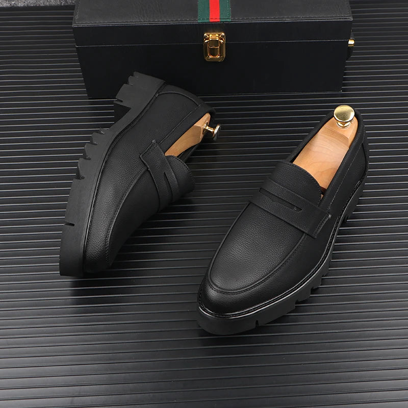 Heren Platform Loafers Echt Koeienleer | Slip-On Instappers | Zwart | EU 38.5-43 | Zakelijk & Casual